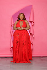 Red Laser Cut Eyelet Gown