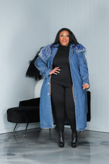 Blue Fur Collar Long Denim Trench Coat