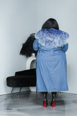 Blue Fur Collar Long Denim Trench Coat