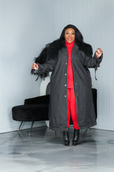 Black Fur Collar Long Denim Trench Coat