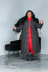 Black Fur Collar Long Denim Trench Coat