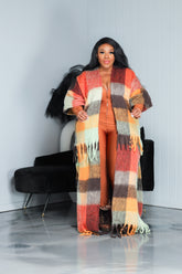 Rust Color-block Tassel Fuzzy Coat