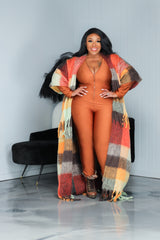 Rust Color-block Tassel Fuzzy Coat