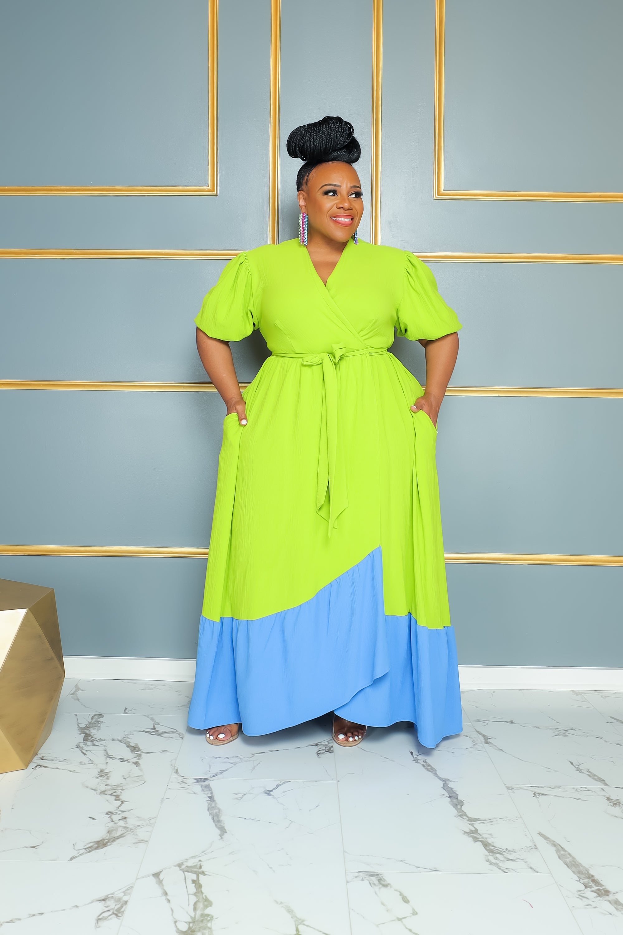 Green Cassi Colorblock Wrap Dress