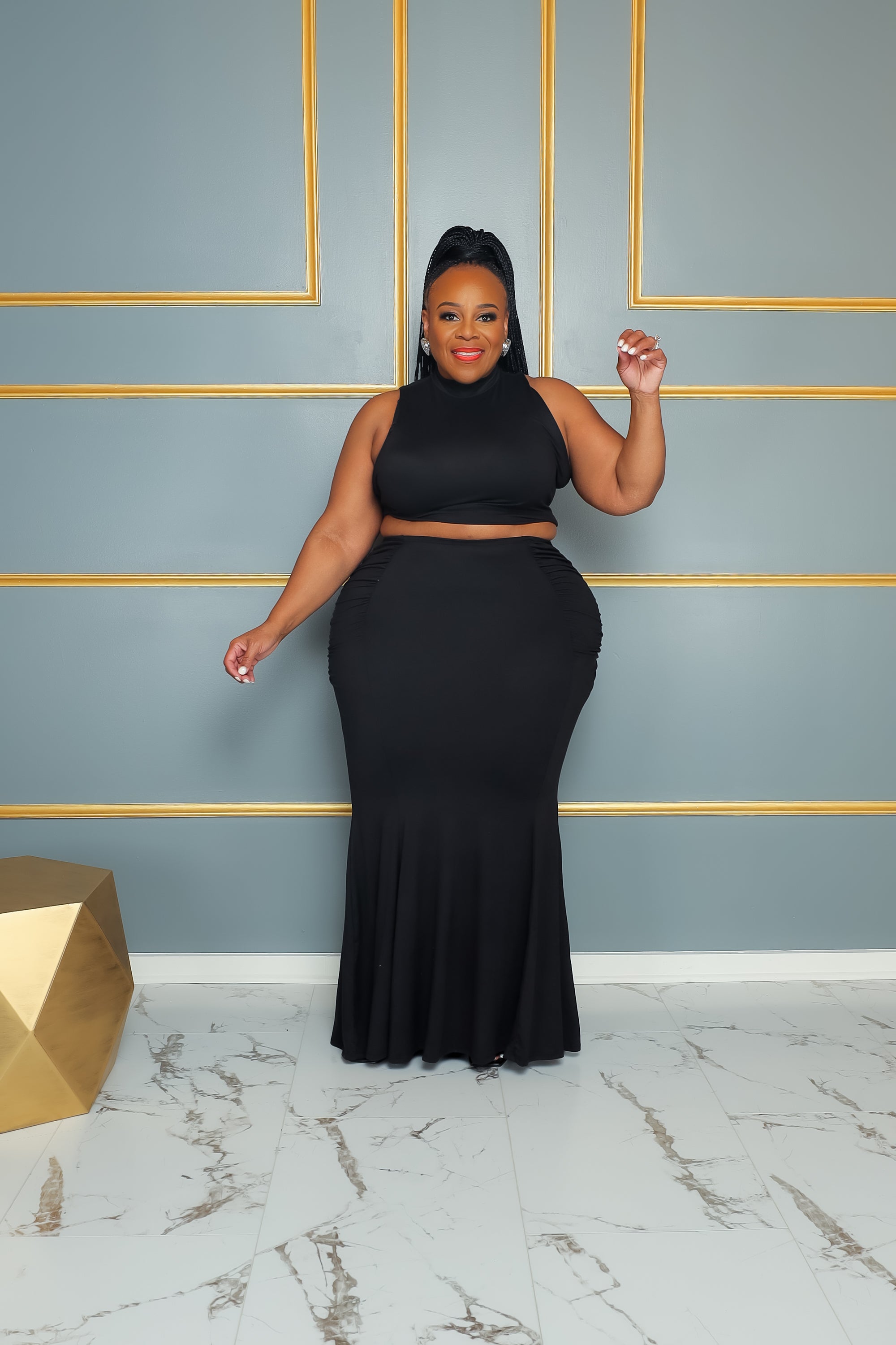 Black Ruch Aside Skirt Set