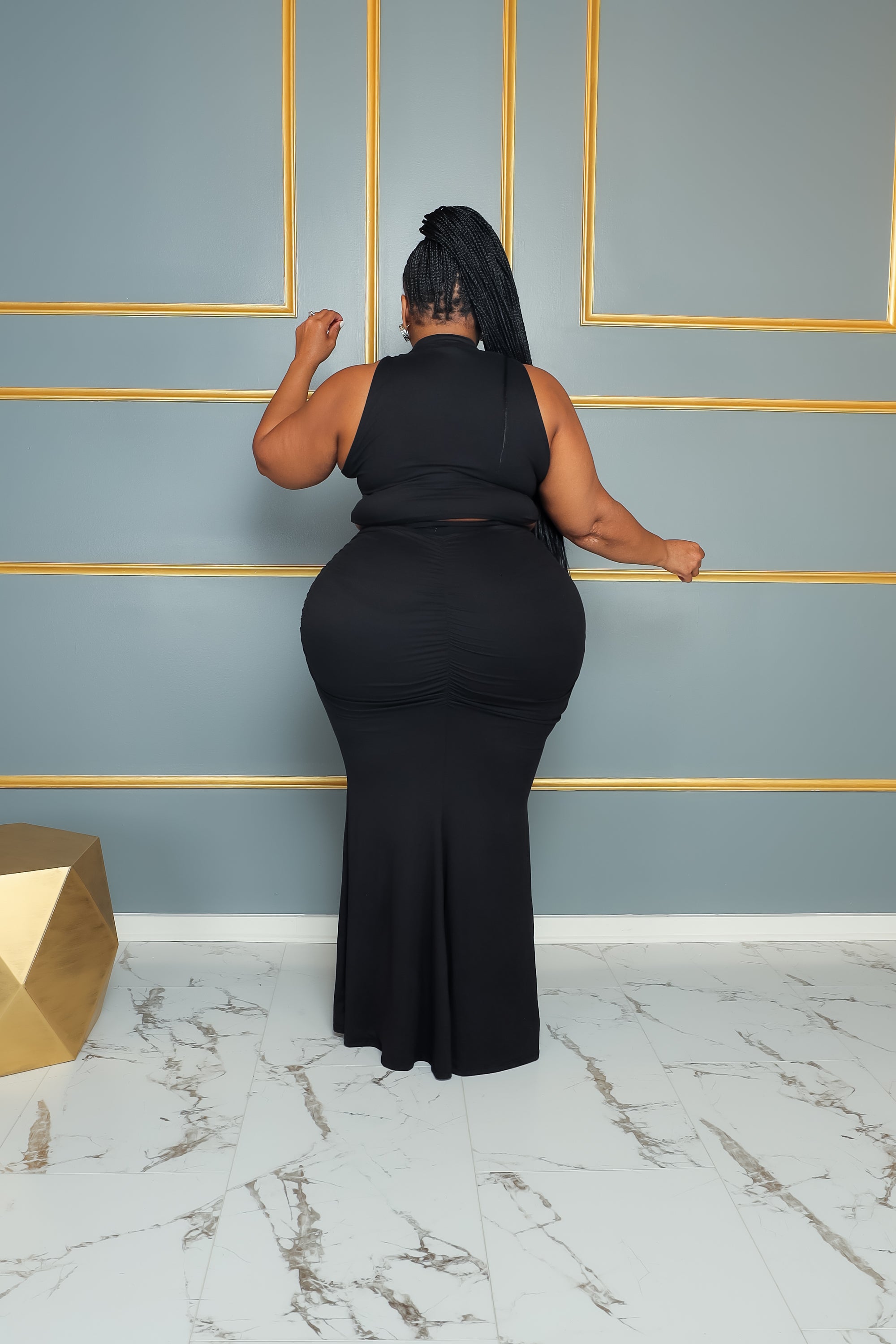Black Ruch Aside Skirt Set