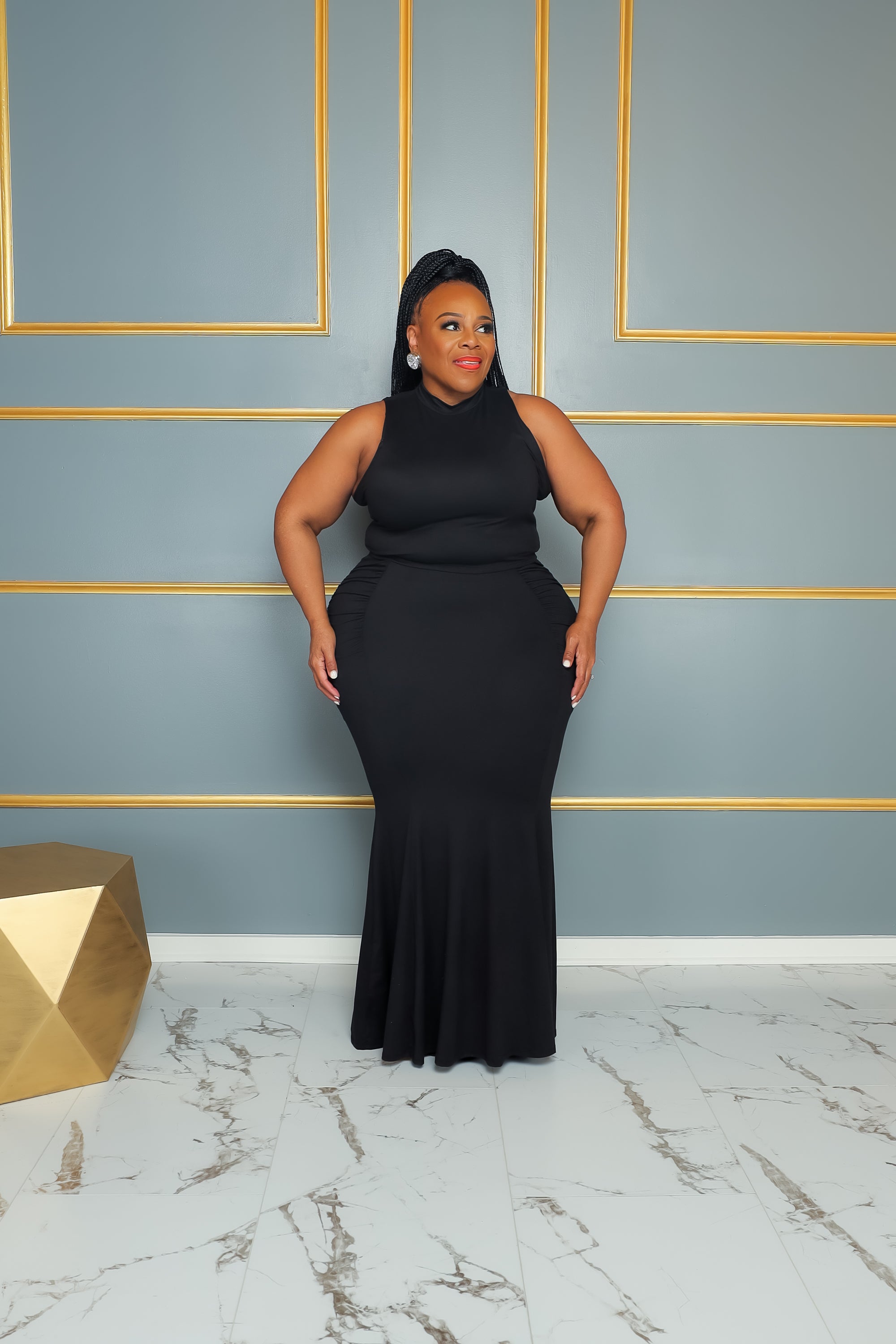 Black Ruch Aside Skirt Set