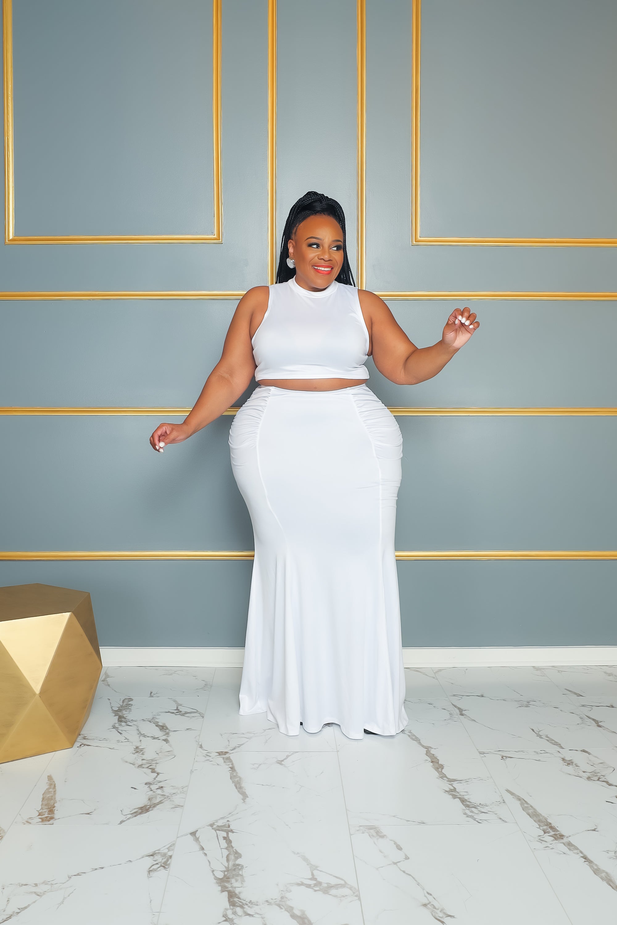 White plus size 2024 two piece skirt set