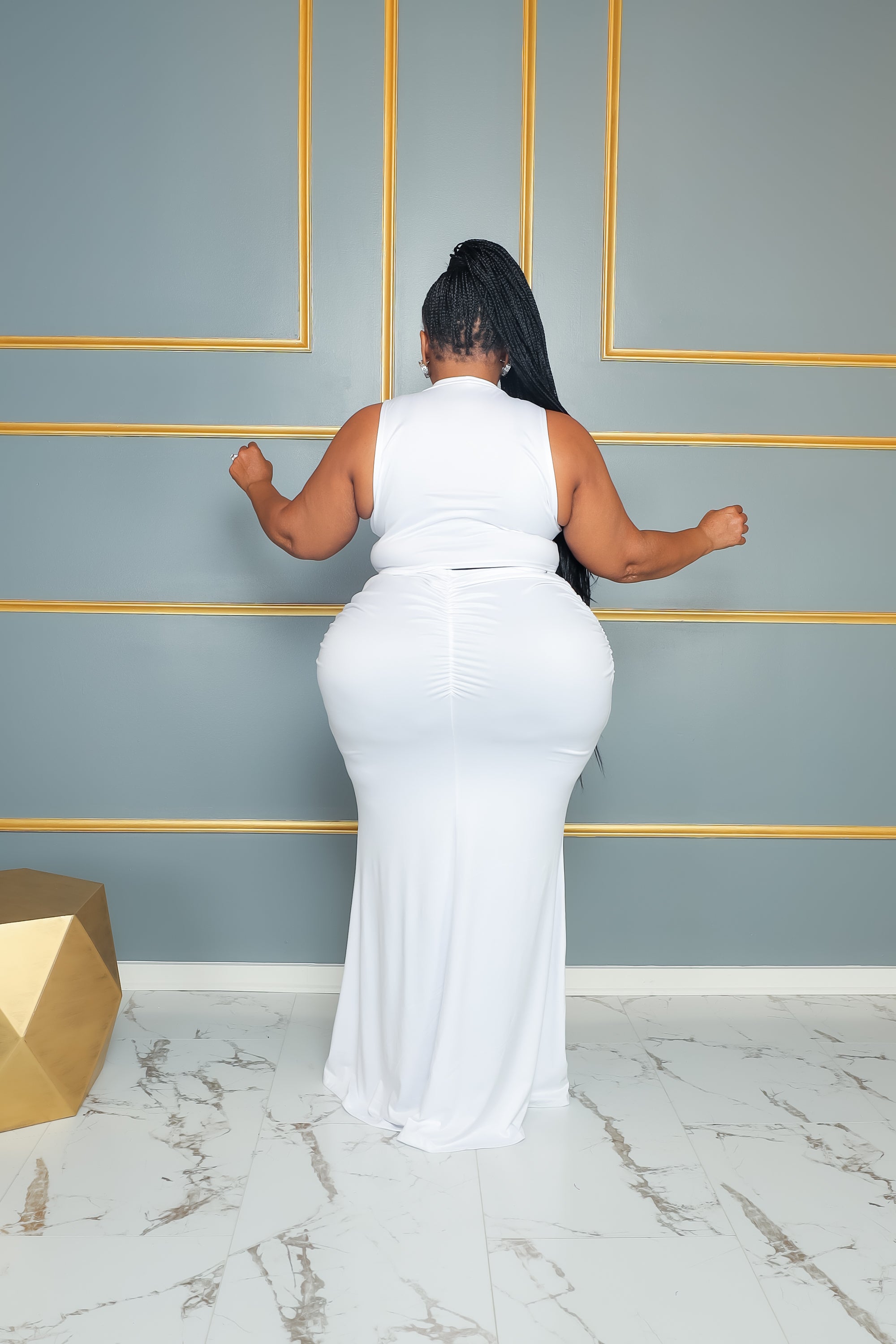 White Ruch Aside Skirt Set