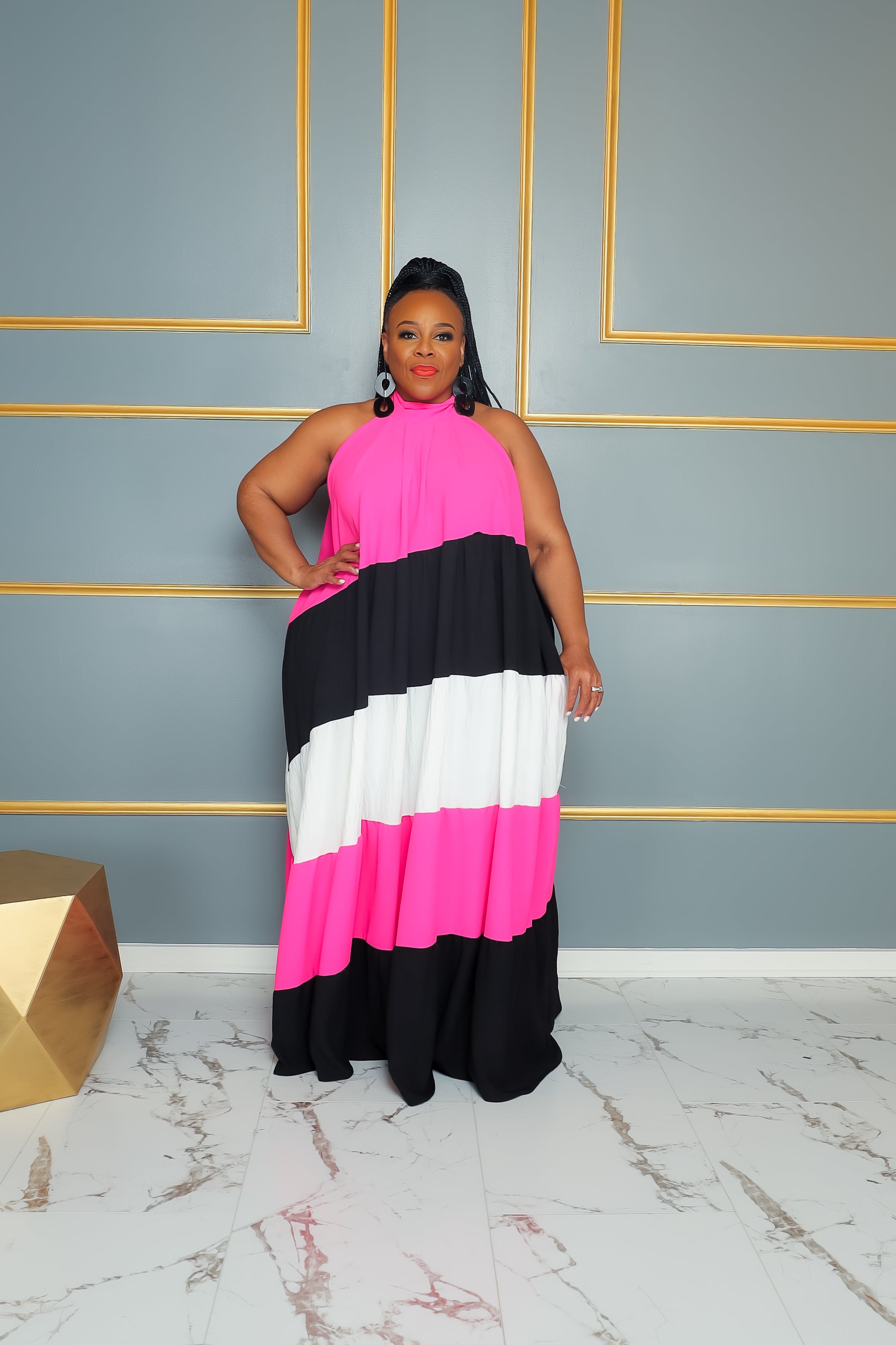 Pink Tri Color-Block Halter Dress