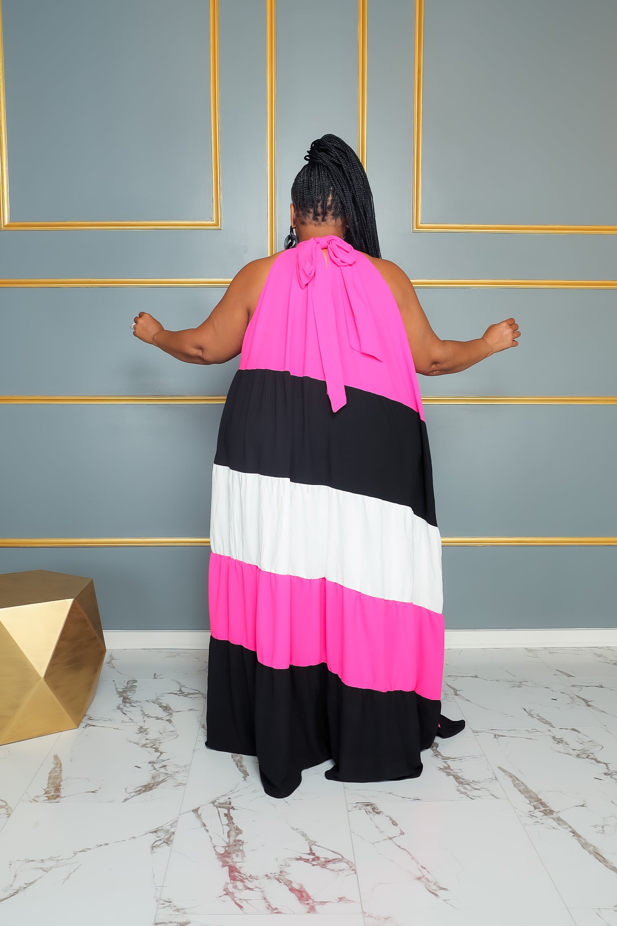 Pink Tri Color-Block Halter Dress
