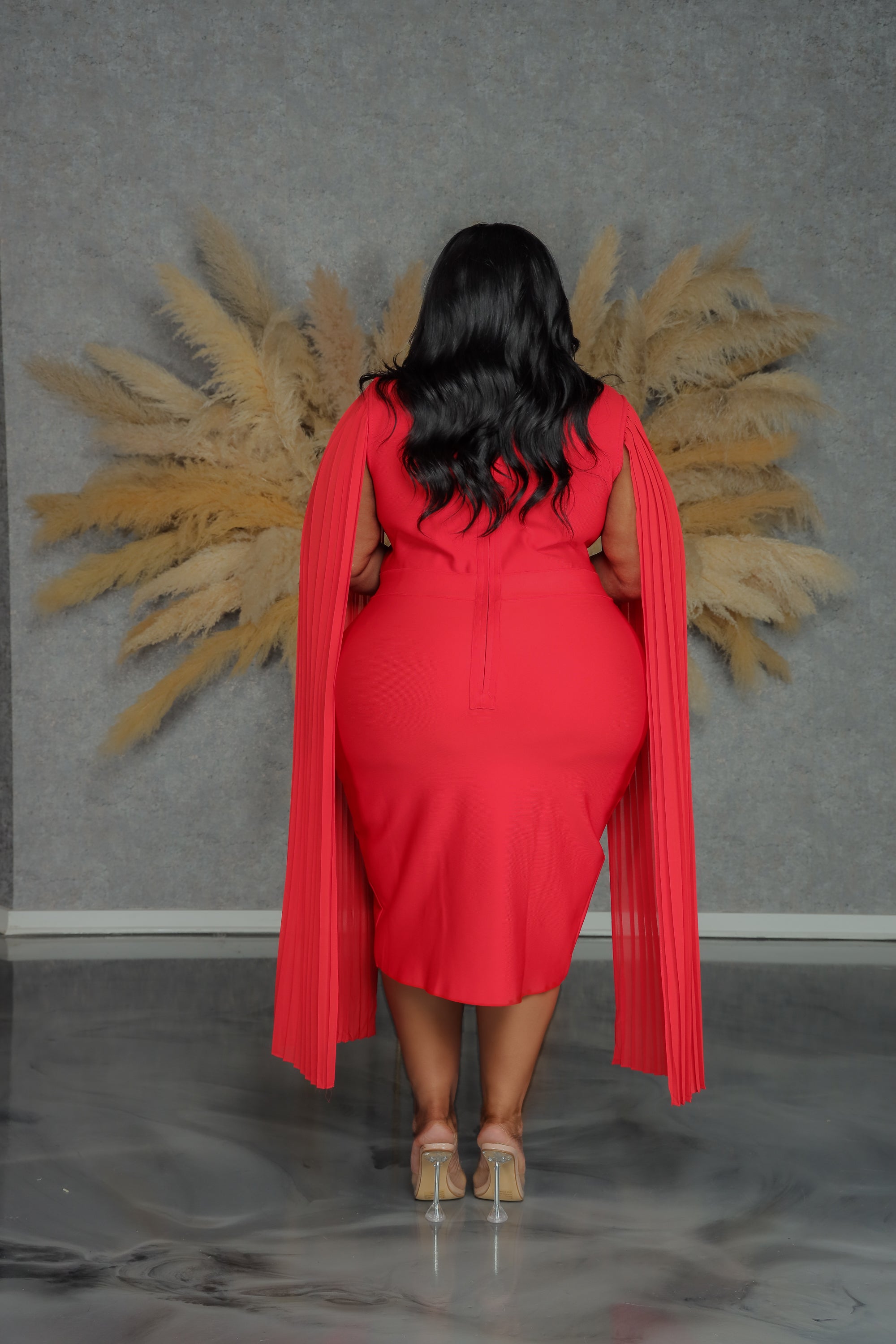 Red Pleated Cape Sleeve Dress