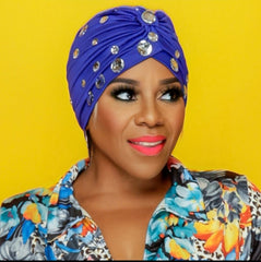 Blue Round Crystal Decorated Turban
