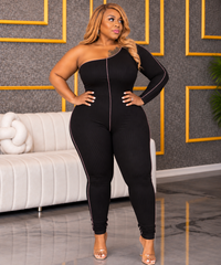 Black Ribbed One Sleeve Catsuit