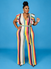Stripe Ruffle Shoulder Jumpsuit