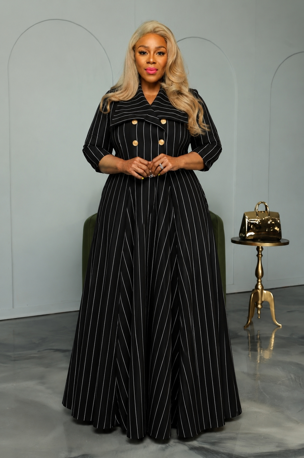 Black Pinstripe Bethany Coat Dress