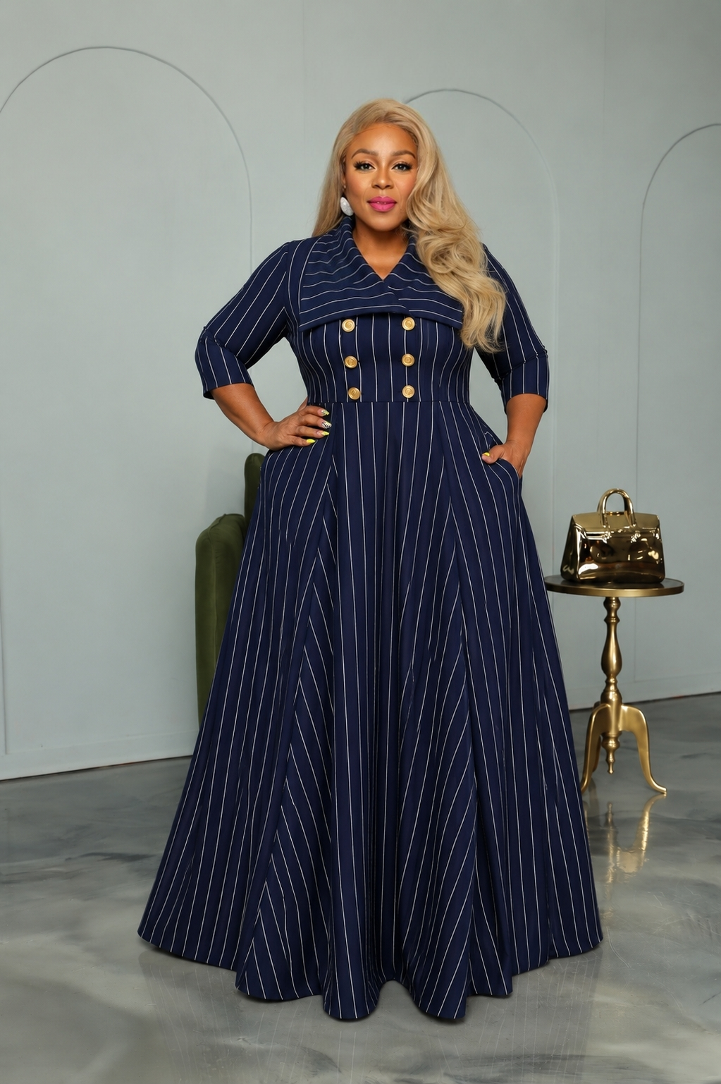 Navy Pinstripe Bethany Coat Dress – Curvaceous Boutique