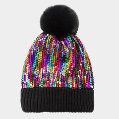 Rainbow Sequin Pom Pom Beanie