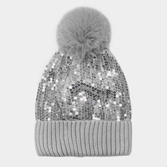 Silver Sequin Pom Pom Beanie