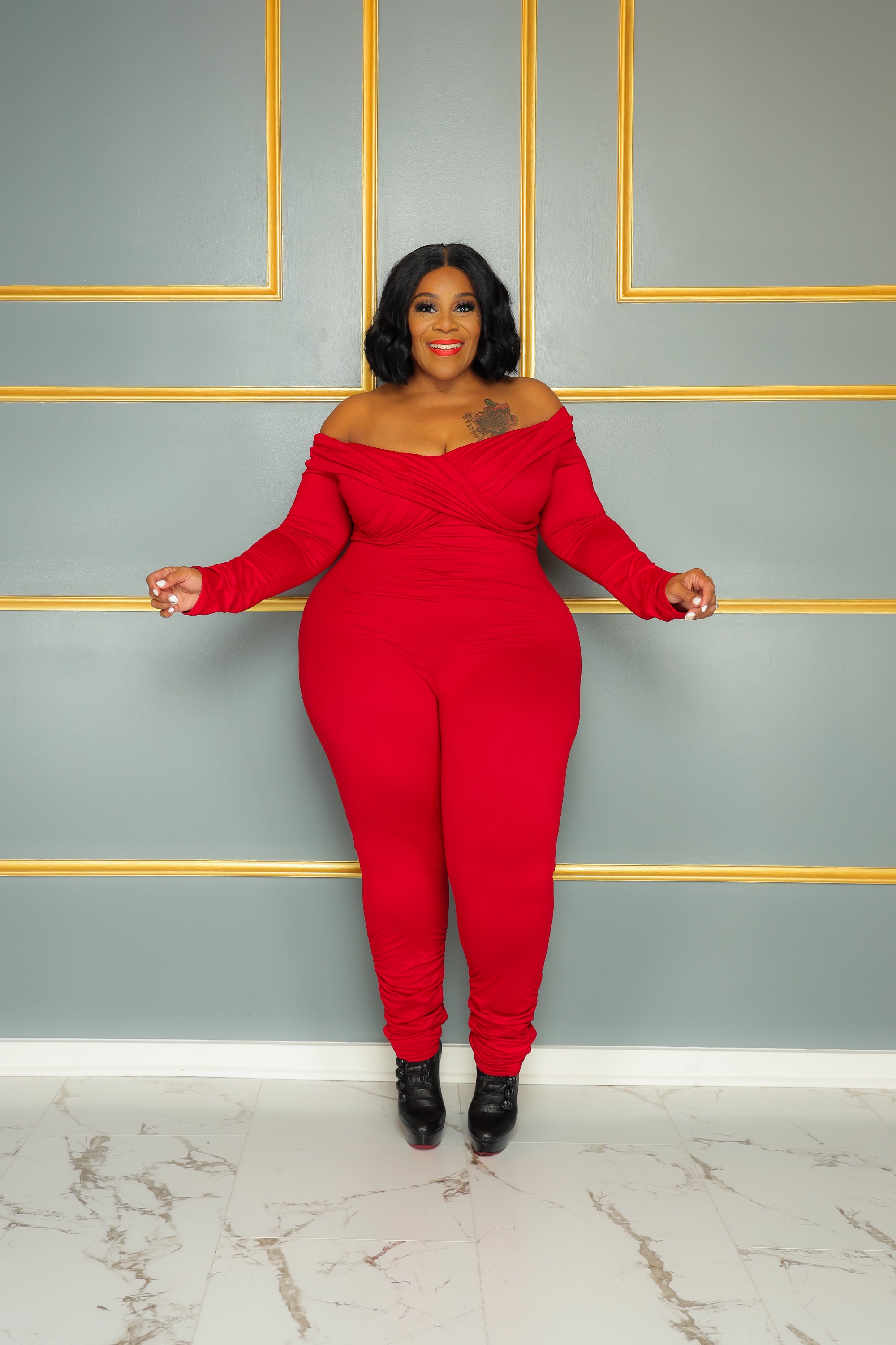 Red Off  Shoulder Catsuit