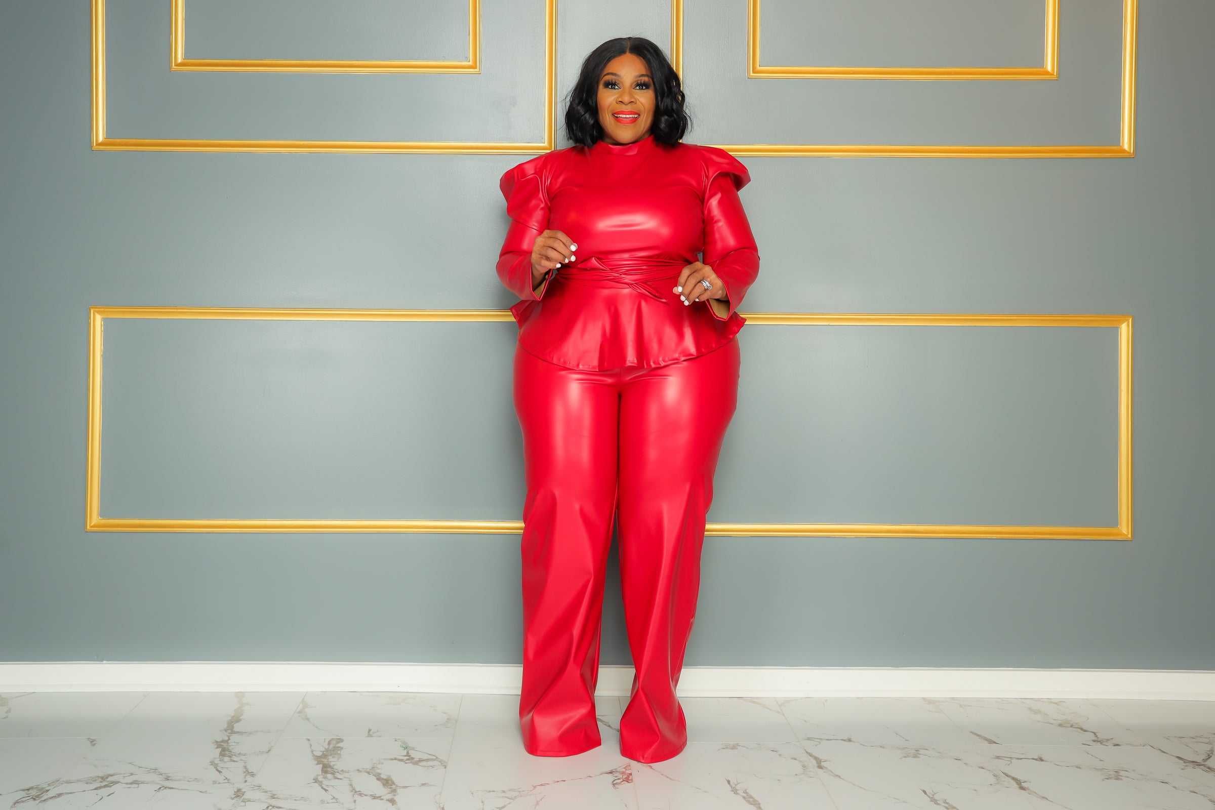 Red Faux Leather Peplum Set