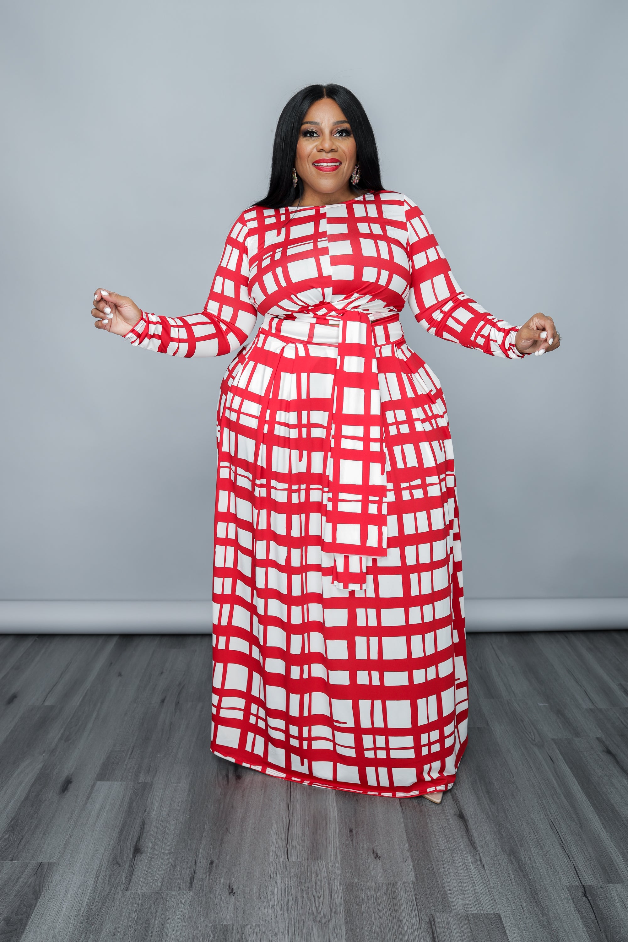 Plus size red shop and white striped skirt