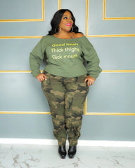 Green Good Heart Off Shoulder Sweatshirt