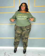 Green Good Heart Off Shoulder Sweatshirt