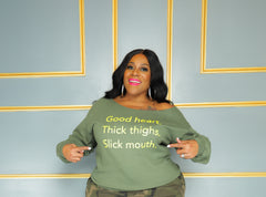 Green Good Heart Off Shoulder Sweatshirt
