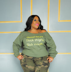 Green Good Heart Off Shoulder Sweatshirt