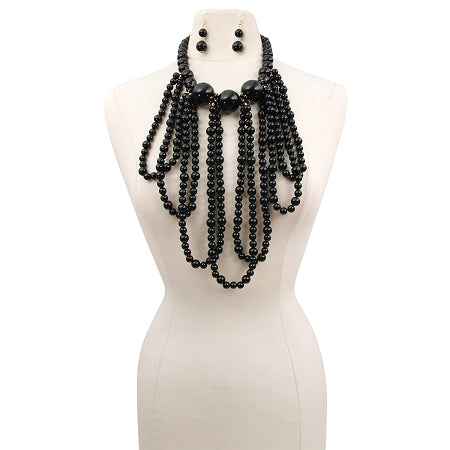 Black Pearl Long Draping Necklace Set