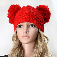 Red Double Pom Pom Beanie Hat