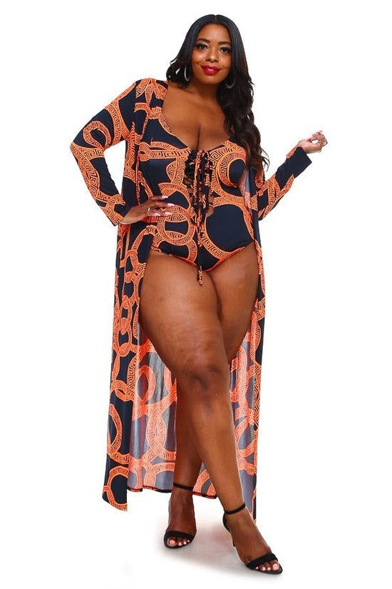 Orange Print Kimono Swim Set