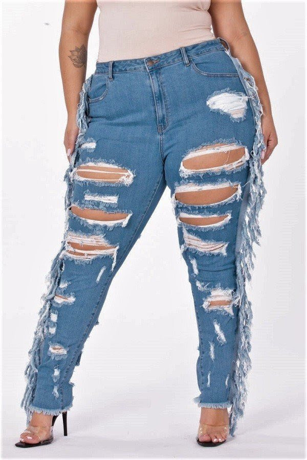 Blue Side Piece Fringe Jeans