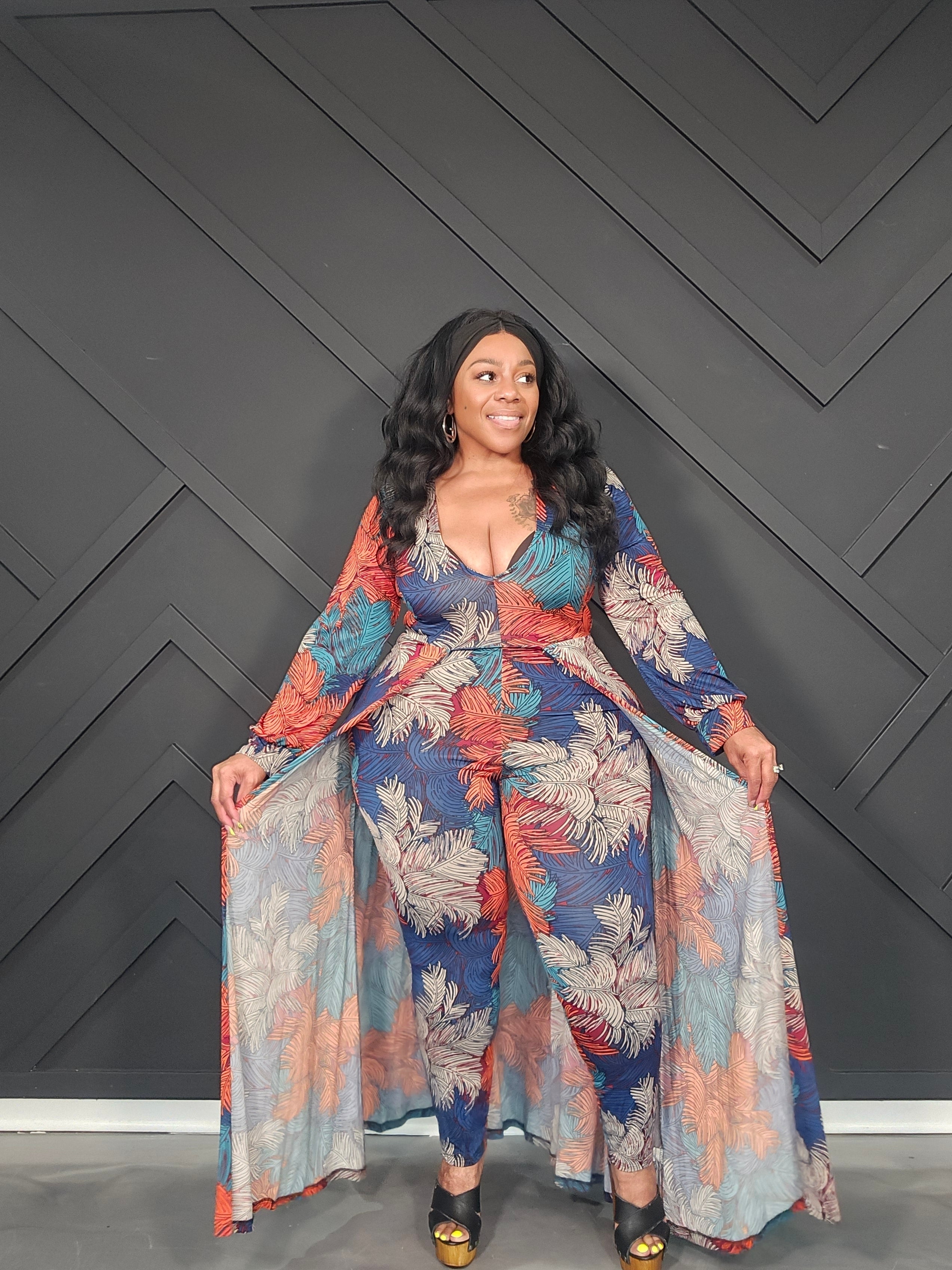 Blue Palm Print Jumpsuit