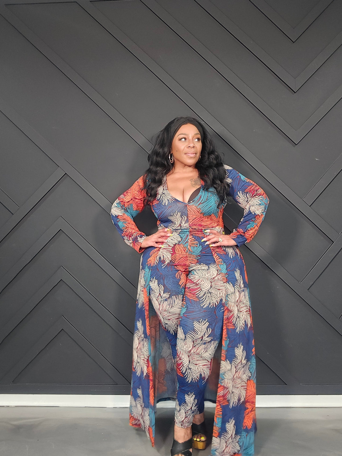 Blue Palm Print Jumpsuit