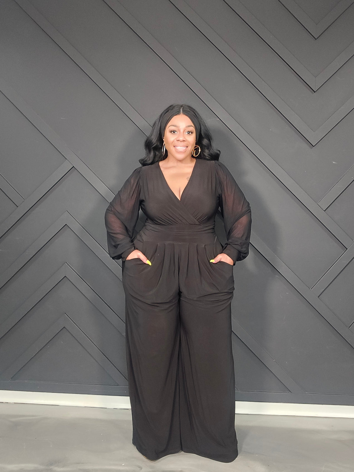 Black Mesh Sleeve Jumpsuit