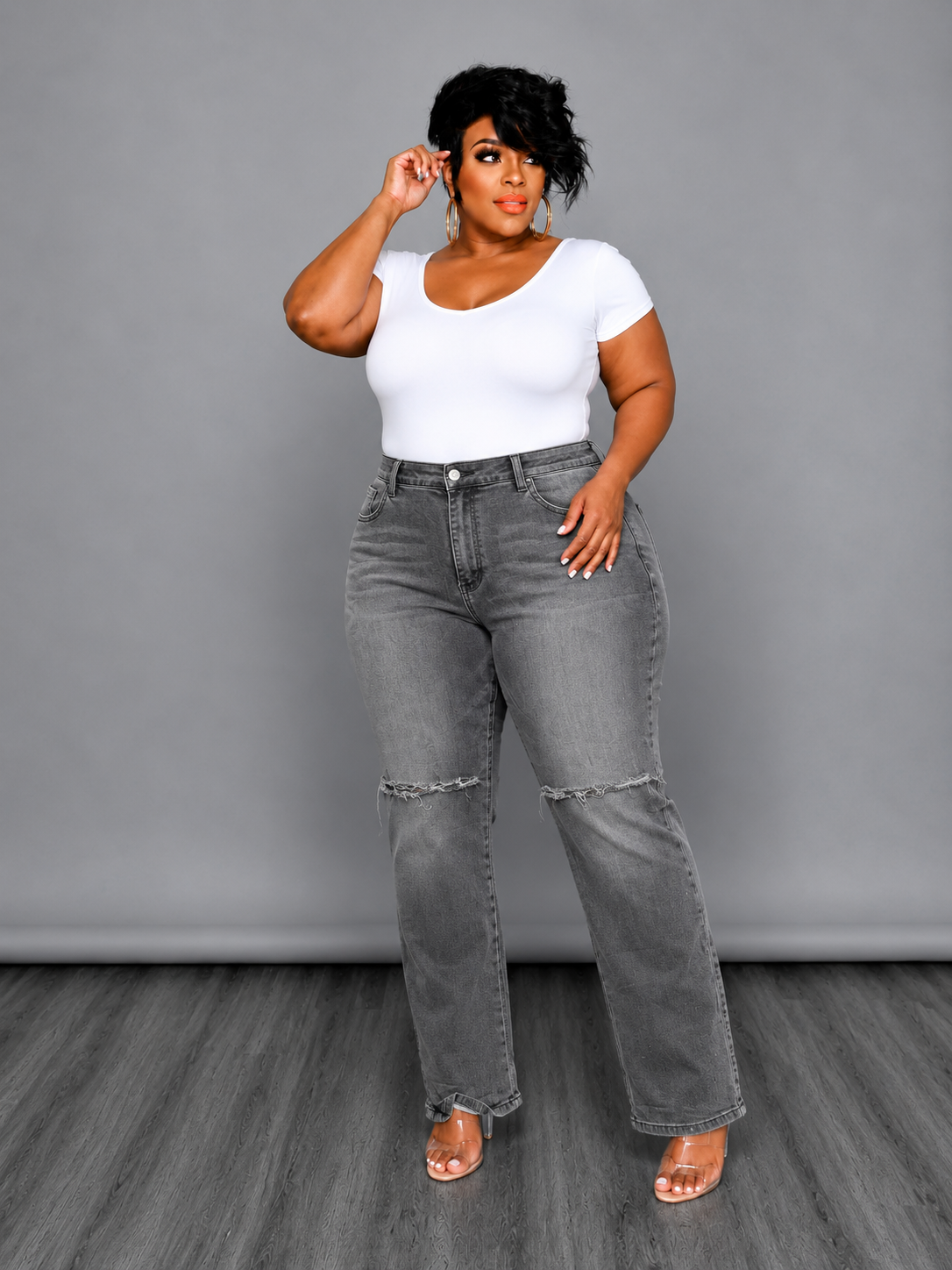 Grey Knee Slit Jeans
