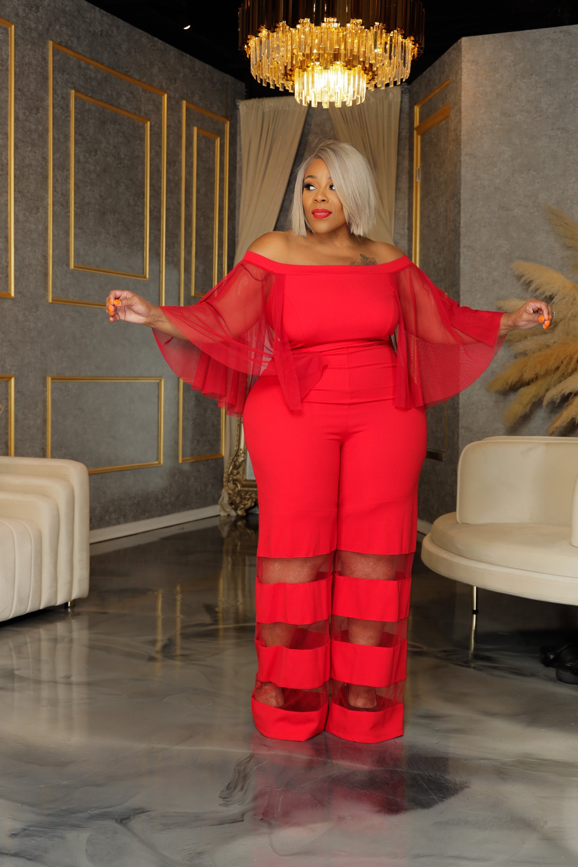 Red Gala Mesh Panel Jumpsuit