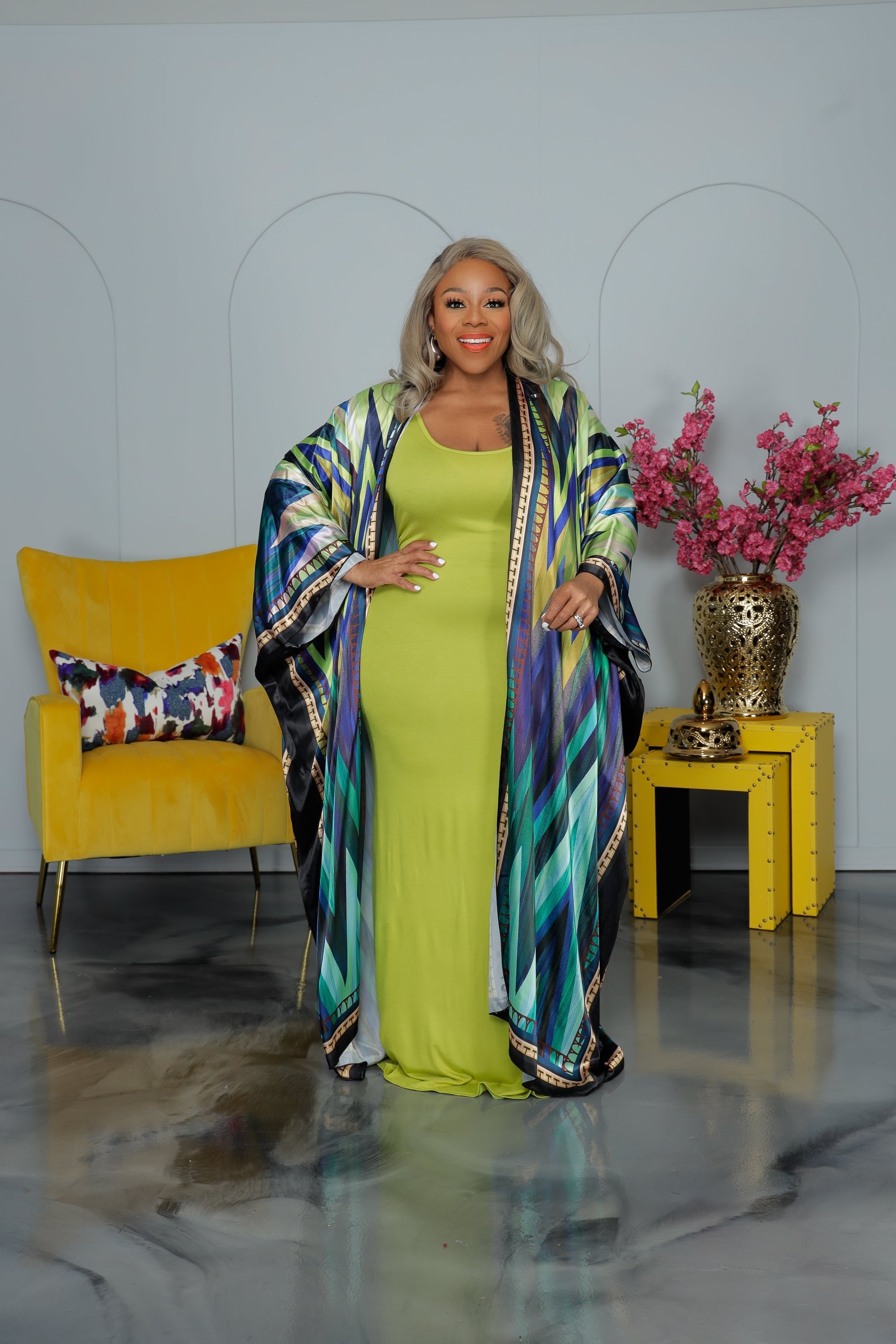 Green Chevron Satin Kimono