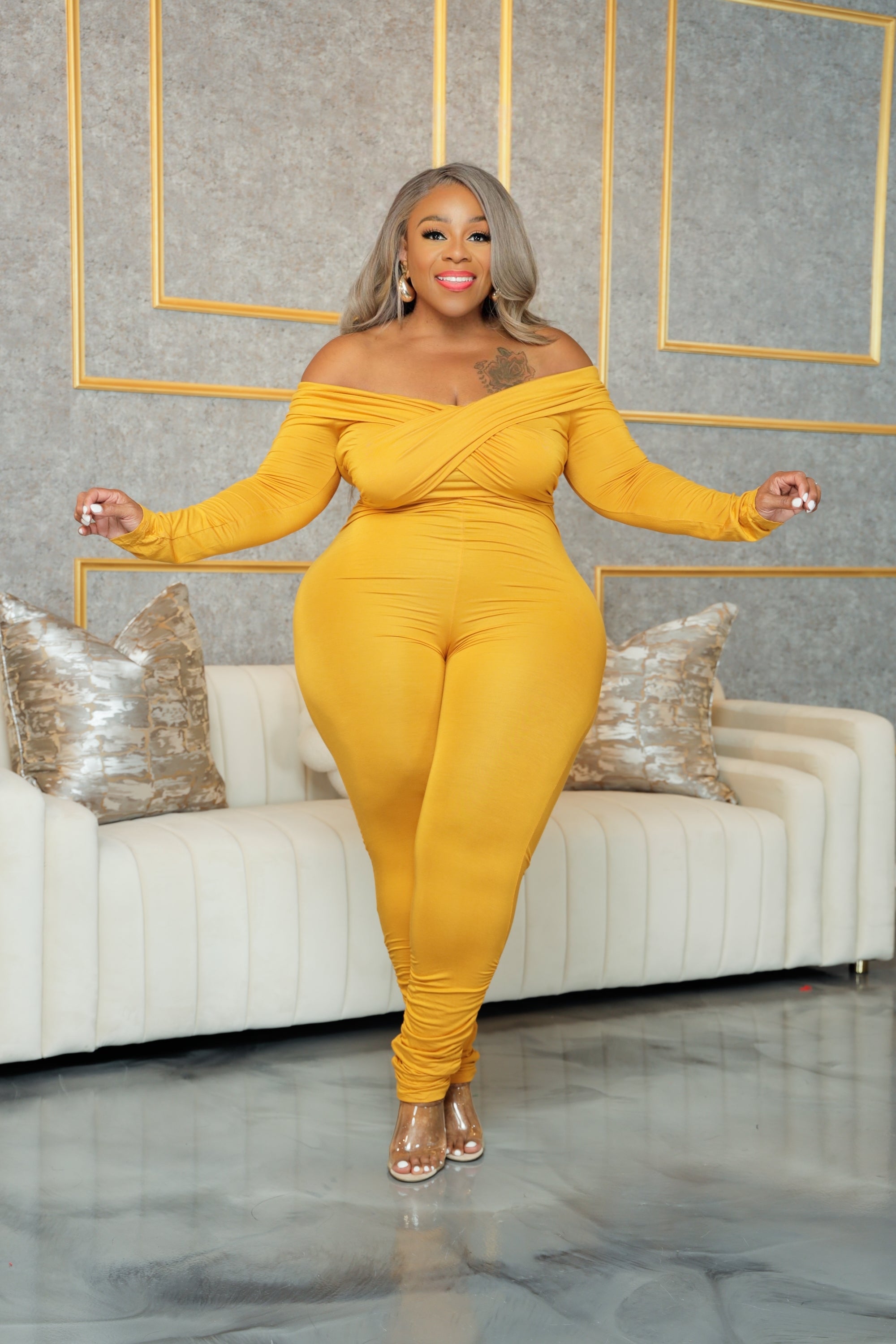 Mustard Off Shoulder Catsuit