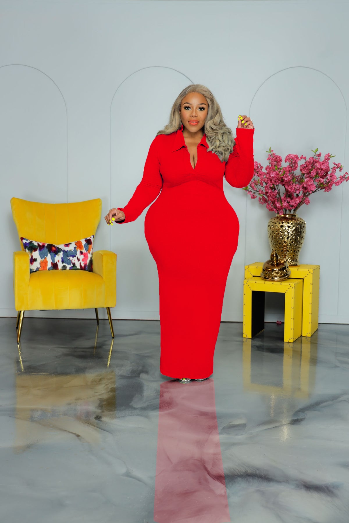 Red Out My Way Collar Dress