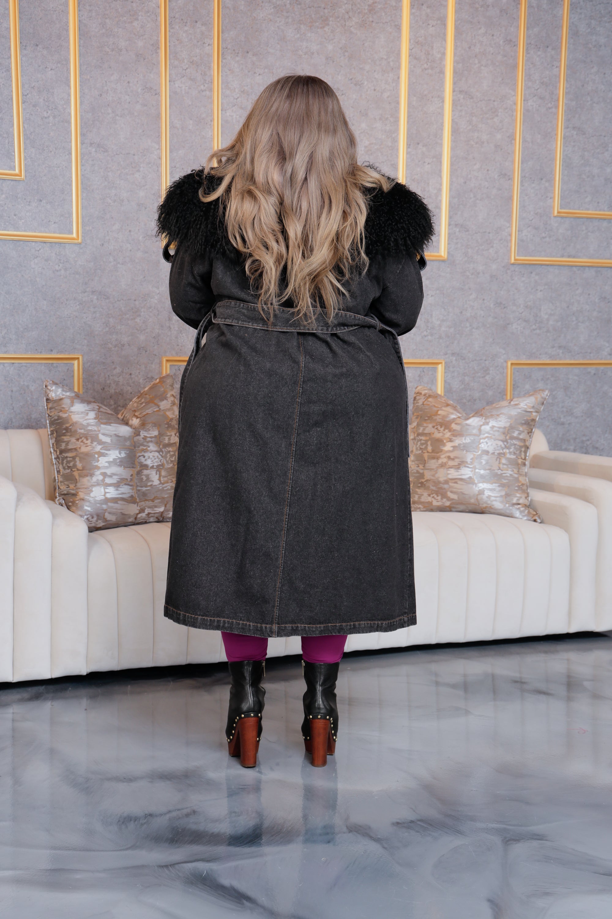 Black  Fur Collar Long Denim Trench Coat