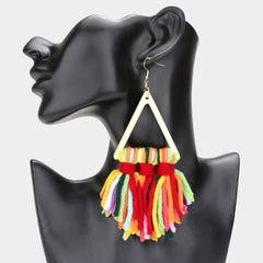 Red Triangle Triple Yarn Tassel Dangle Earrings