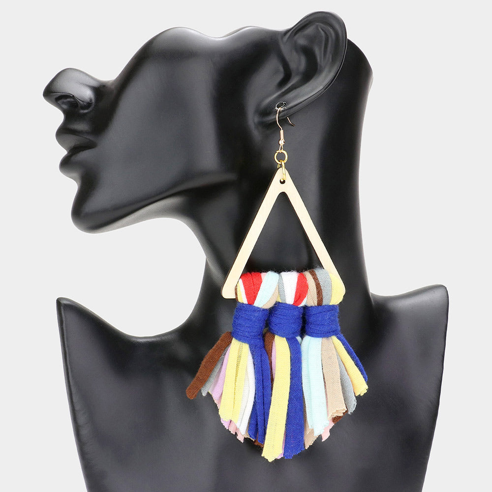 Load image into Gallery viewer, Blue Triangle Triple Yarn Tassel Dangle Earrings
