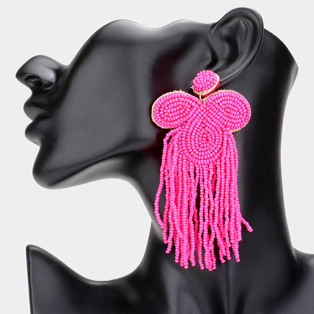 Pink Seed Beaded Fringe Dangle Earrings