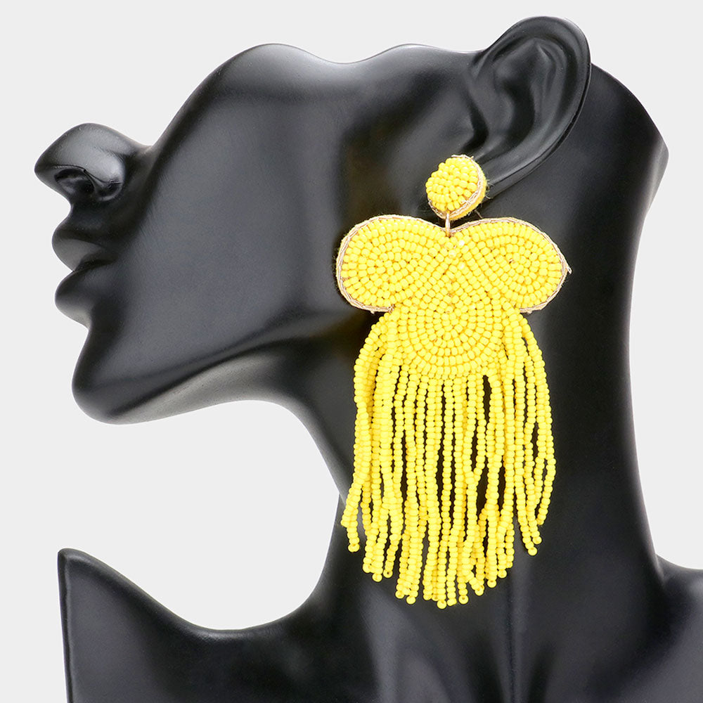 Yellow Seed Beaded Fringe Dangle Earrings