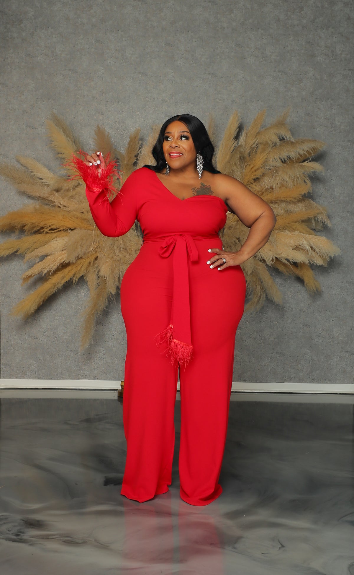 Red Fancy Feather Jumpsuit