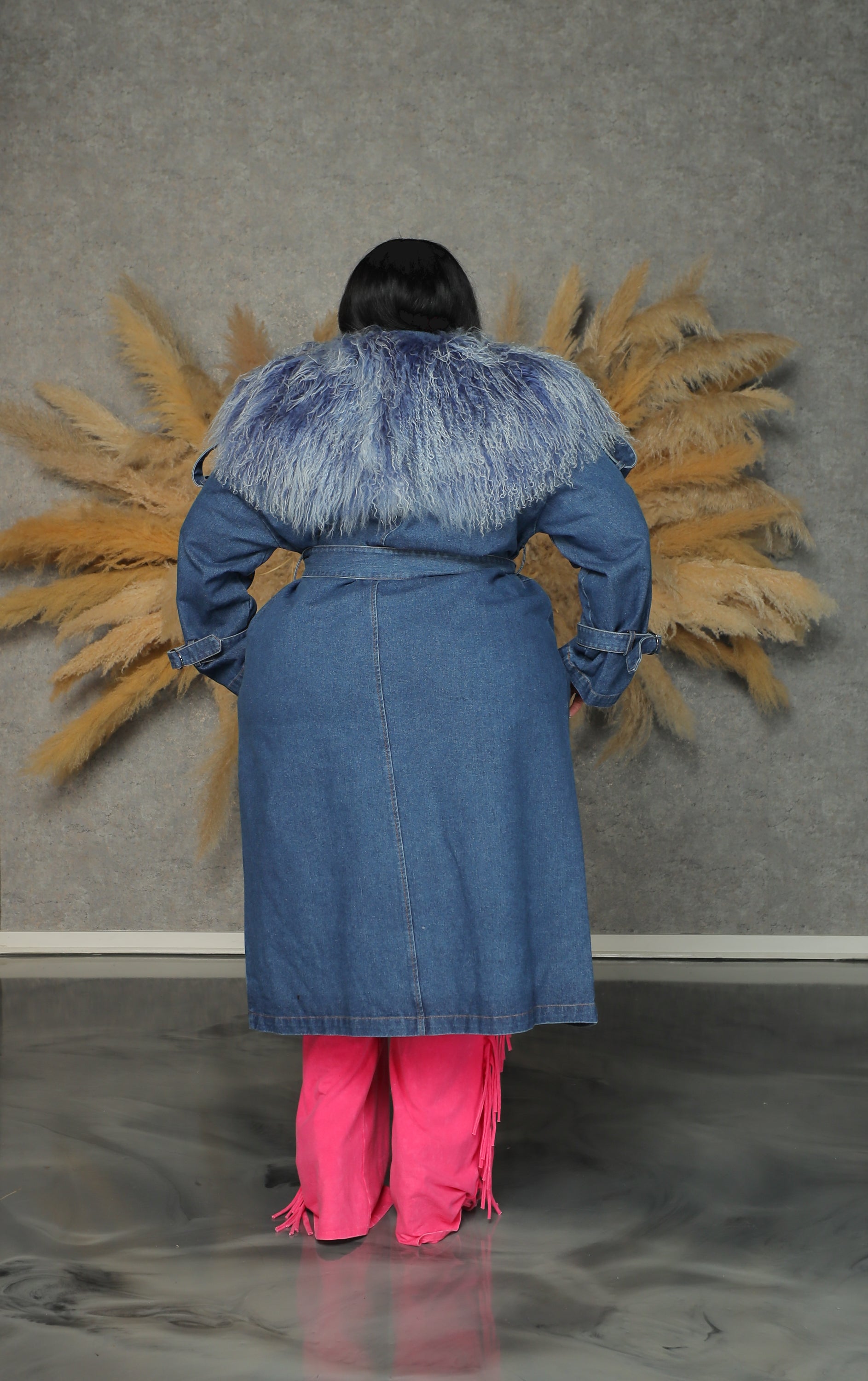 Blue Fur Collar Long Denim Trench Coat