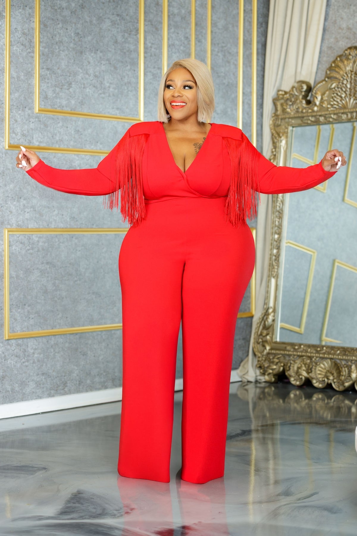 Red Glam Fringe Jumpsuit